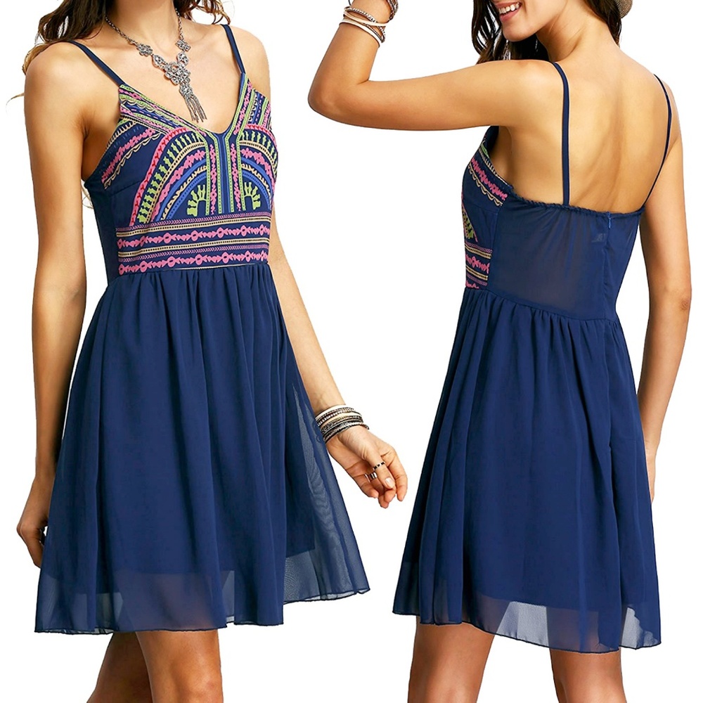 Tribal Print Navy Chiffon Fit & Flare Dress NWOT - Picture 2 of 8